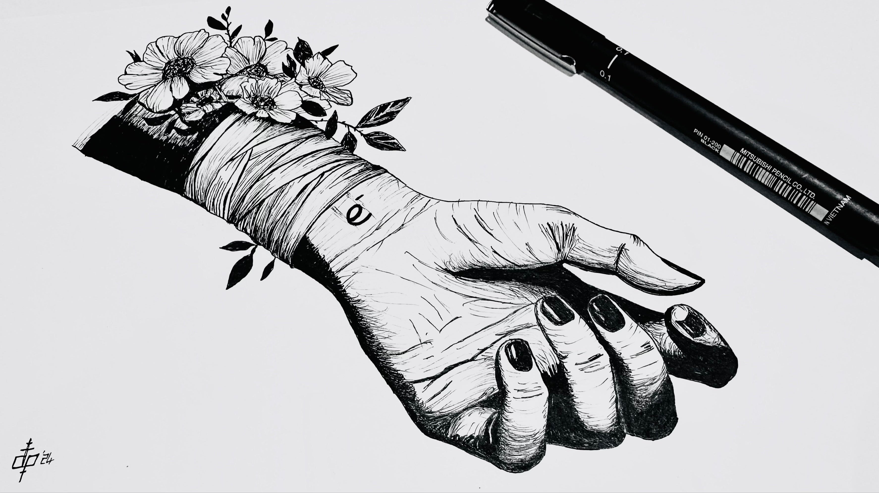 Footerbild. Eine gezeichnete Hand mit verbundenen Arm woraus Blumen wachsen.